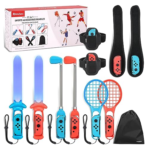 11 in 1 Switch Sports Accessories Bundle with Tennis Rackets, Golf Clubs, Swords, Wrist and Leg Strap, Storage Bag Y90492