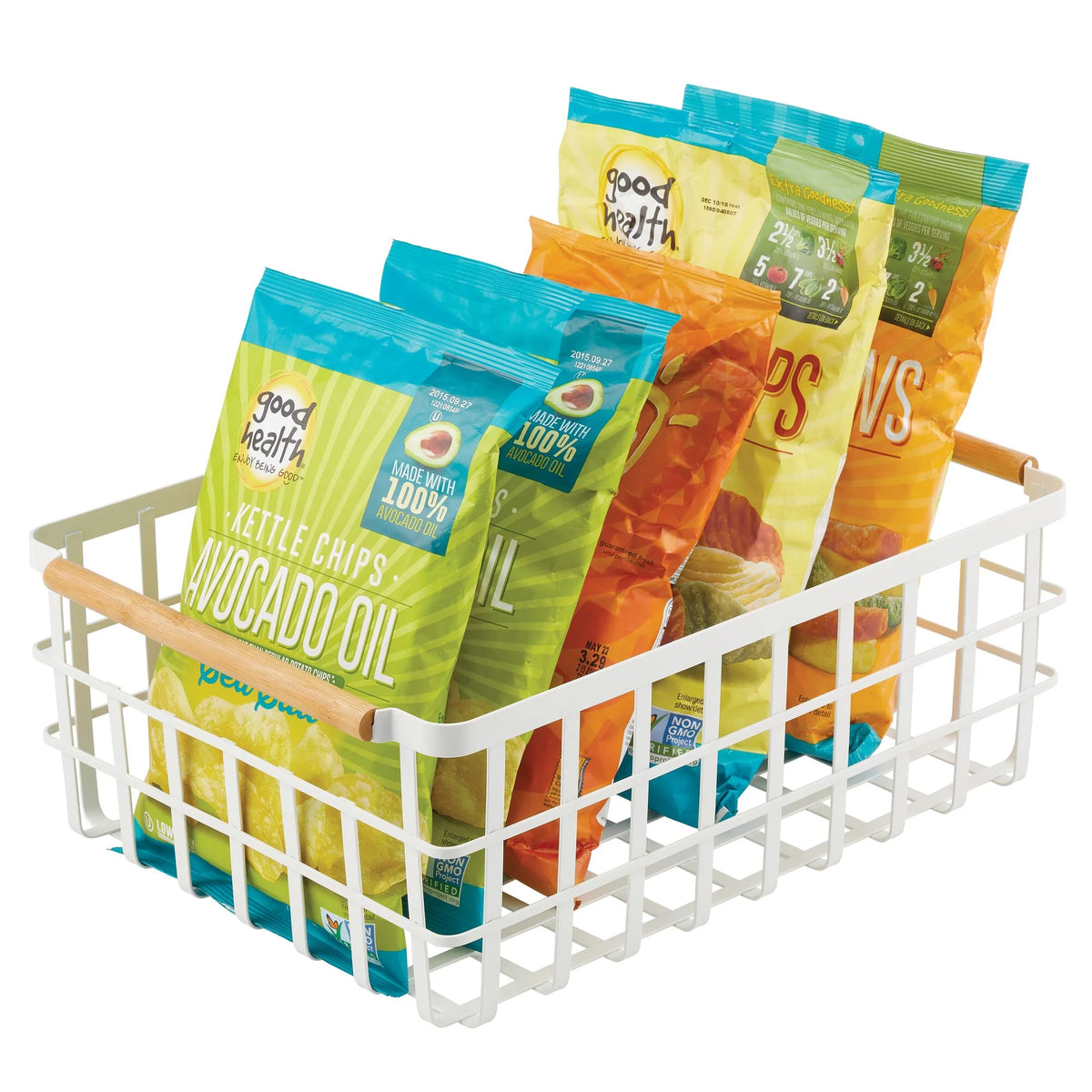 Matte White/Natural Metal Wire Organizer Basket with Bamboo Handles, 2 Pack Q58943