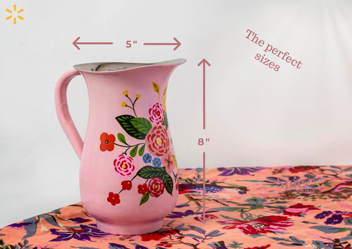 Hand-Painted Floral Stainless Steel Pink Water Pitcher W274