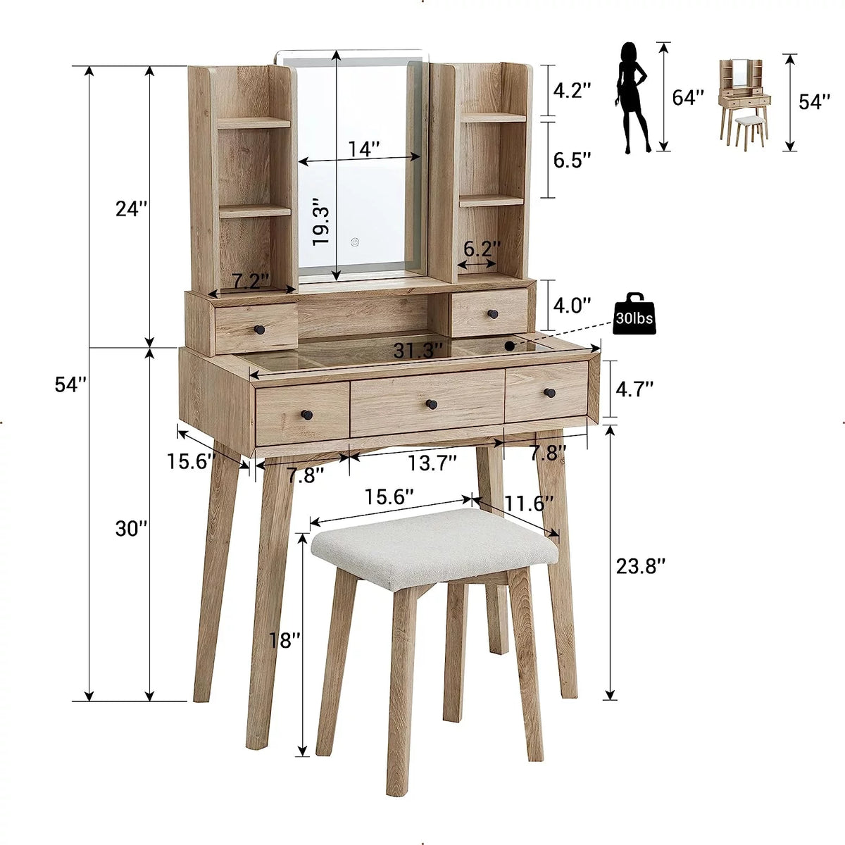Vanity Set with Lighted Mirror and Cushioned Stool X707192