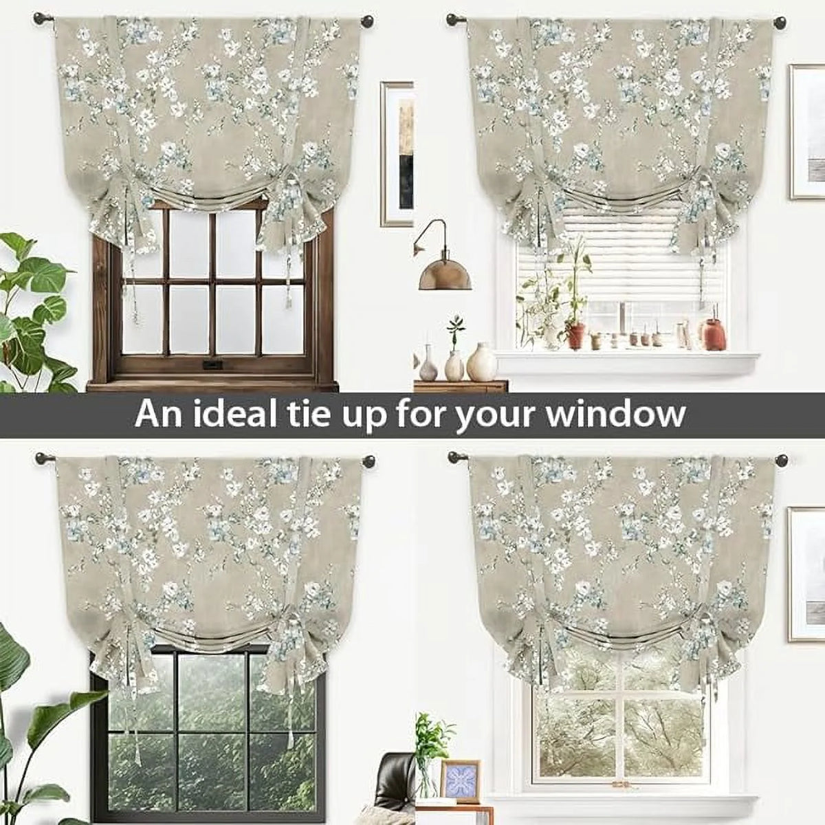 Blue Gray Floral Tie Up Curtain T76651