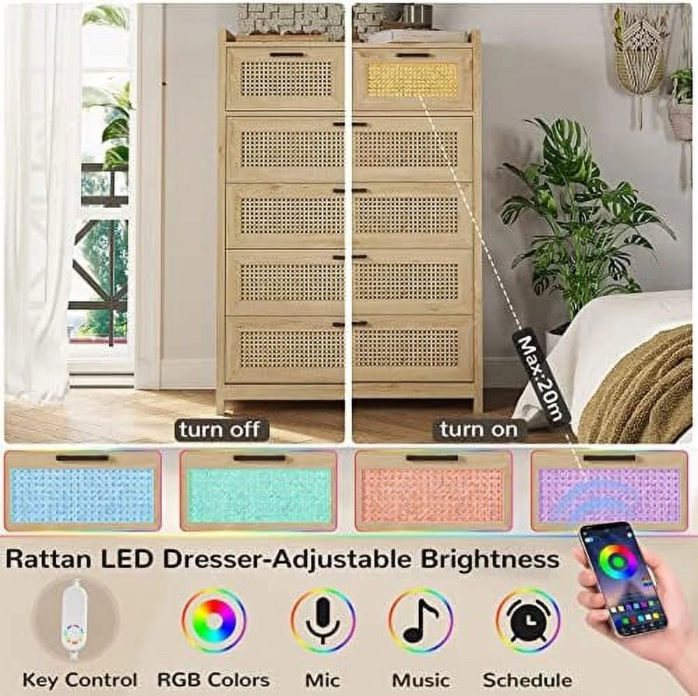 7 Drawer Rattan Wood Dresser with LED Lights W220565