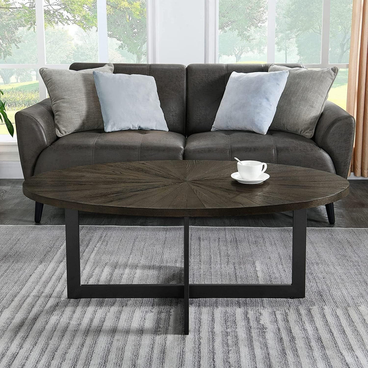 Solid Wood Oval Coffee Table with Cross Metal Legs Brown V905