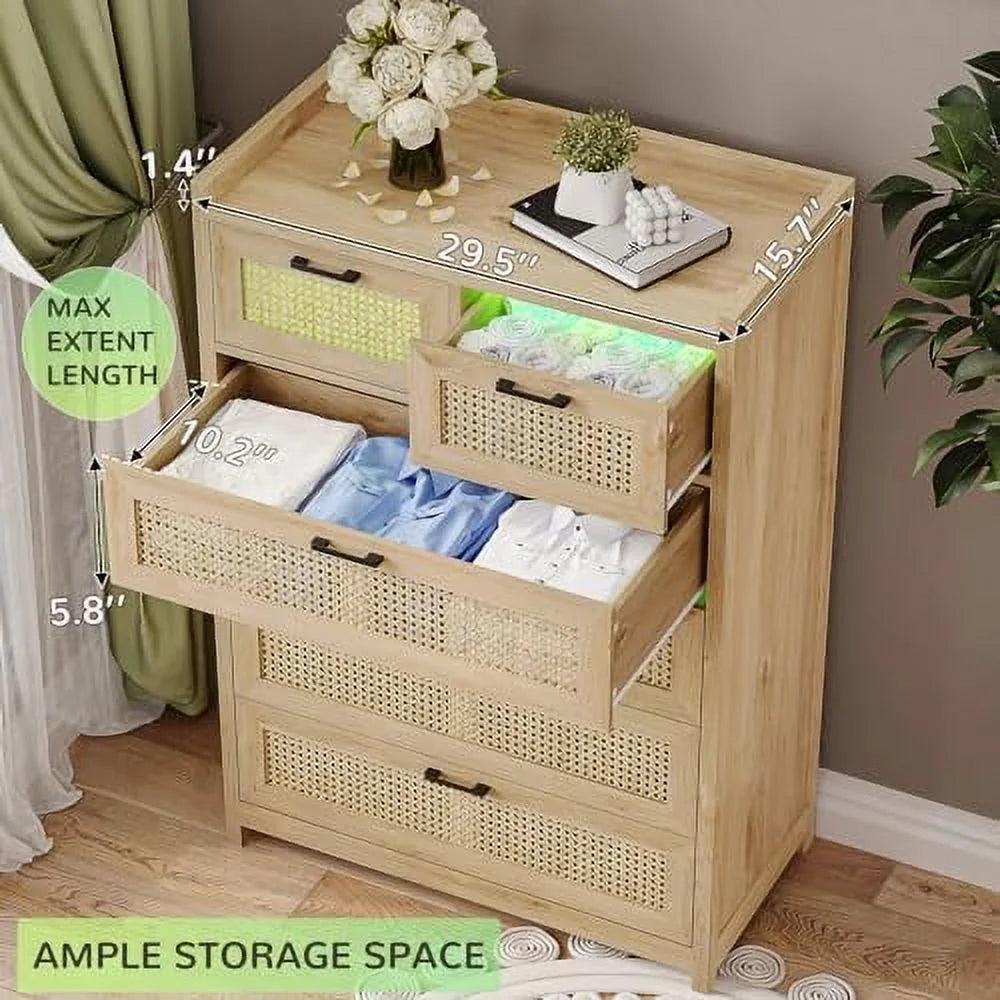 7 Drawer Rattan Wood Dresser with LED Lights W220565