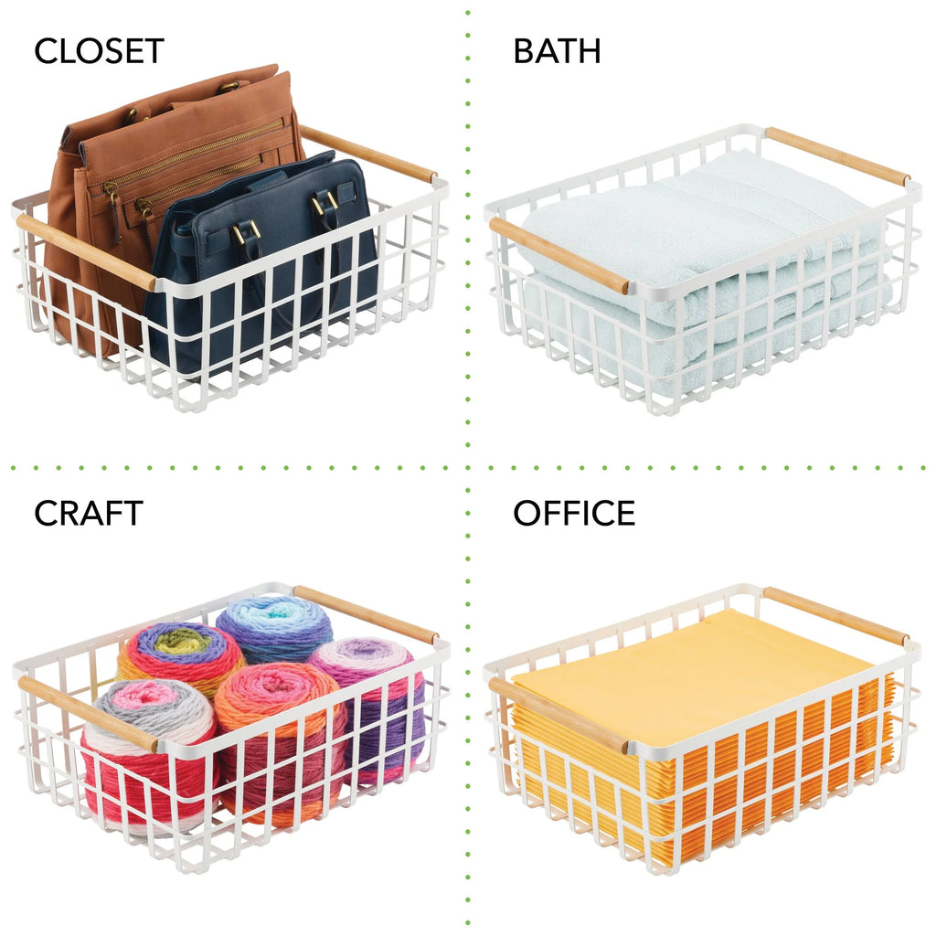 Matte White/Natural Metal Wire Organizer Basket with Bamboo Handles, 2 Pack Q58943