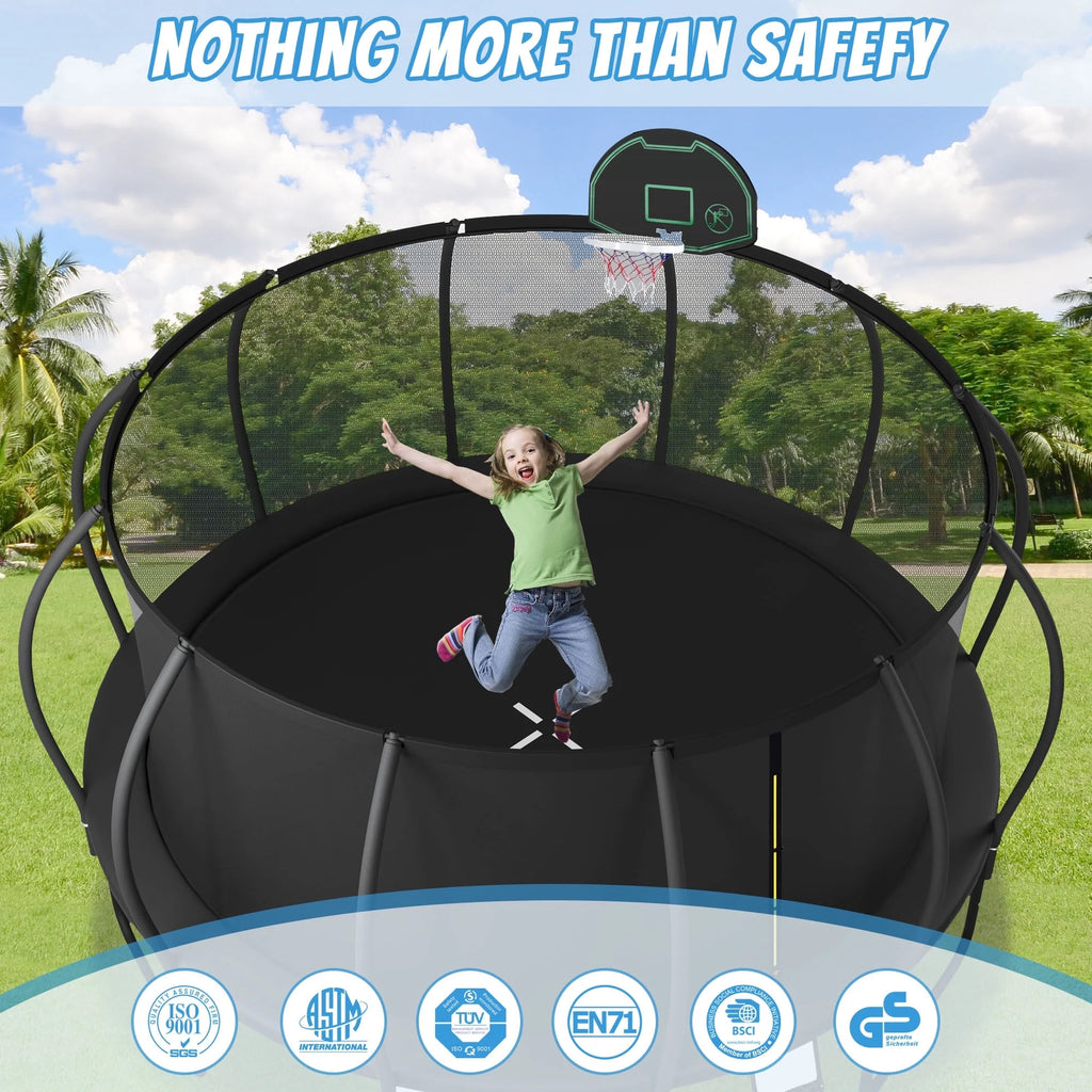 12FT-16FT Trampoline with Enclosure, Basketball Hoop, Wind Stakes I966