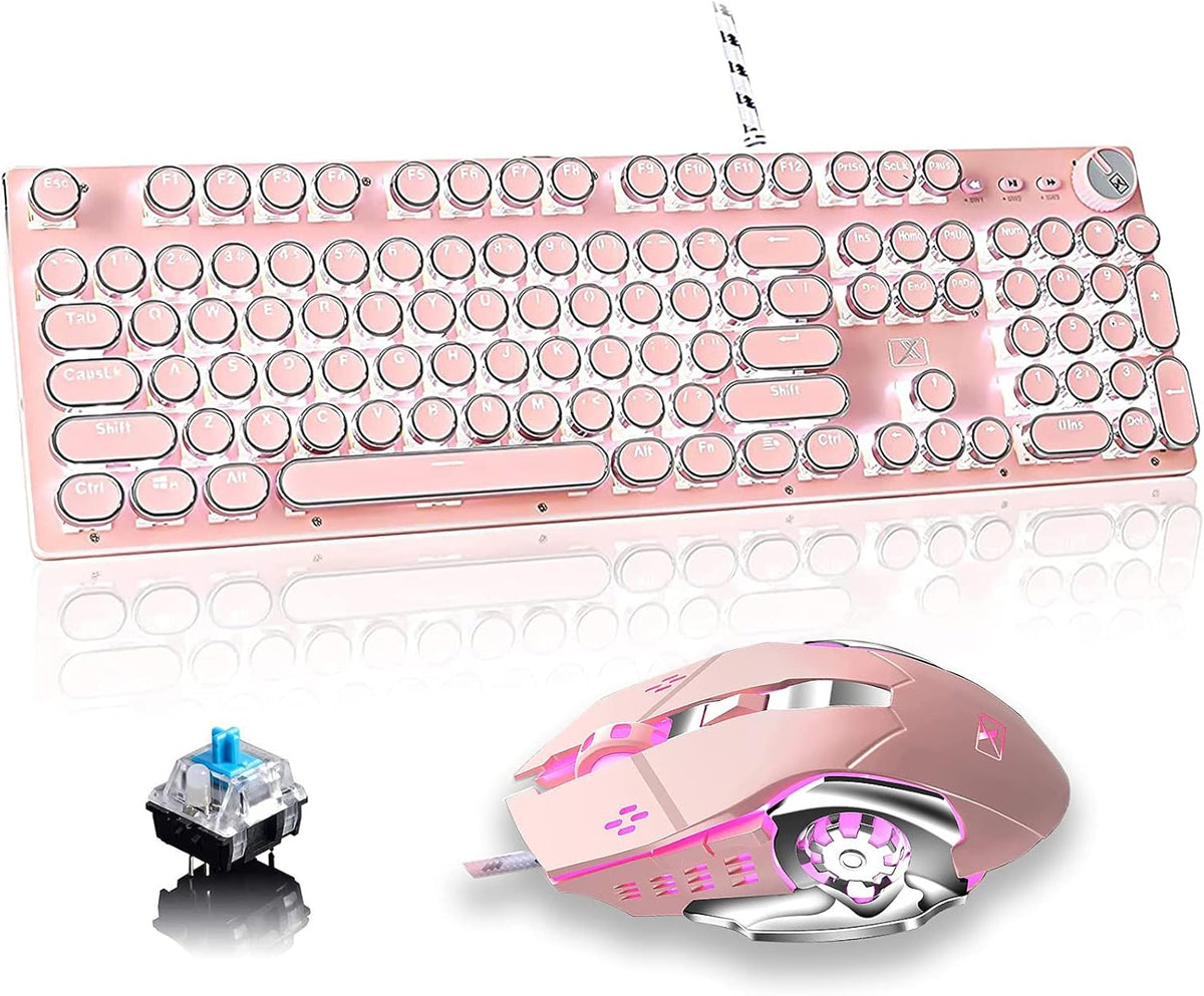 Pink Retro Typewriter-Style Wired Gaming Keyboard and Mouse Combo F757030