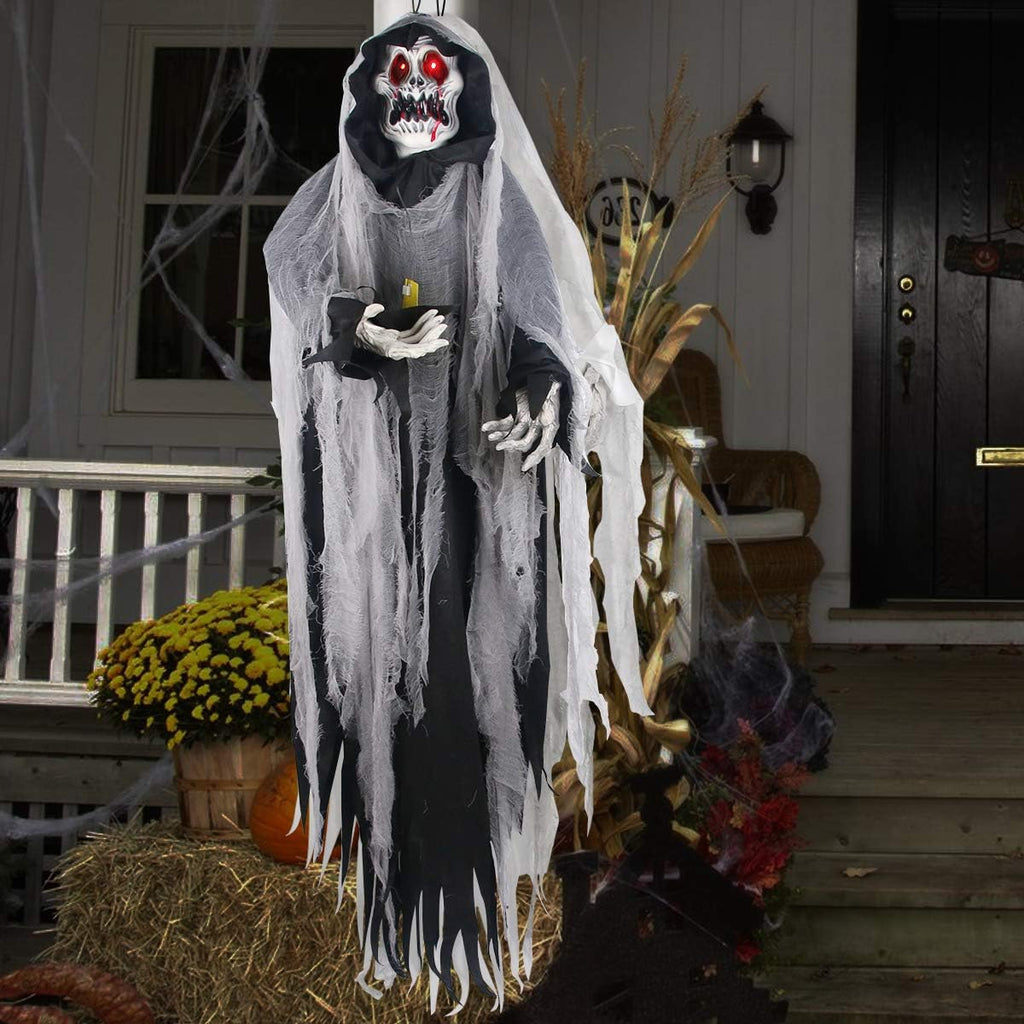 Halloween Hanging Ghost Prop, 5.5 Ft, LED Glowing Eyes, Detachable Bendable Arms, Pack of 2 D179