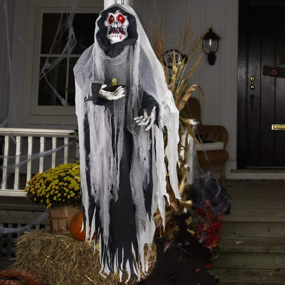 Halloween Hanging Ghost Prop, 5.5 Ft, LED Glowing Eyes, Detachable Bendable Arms, Pack of 2 D179