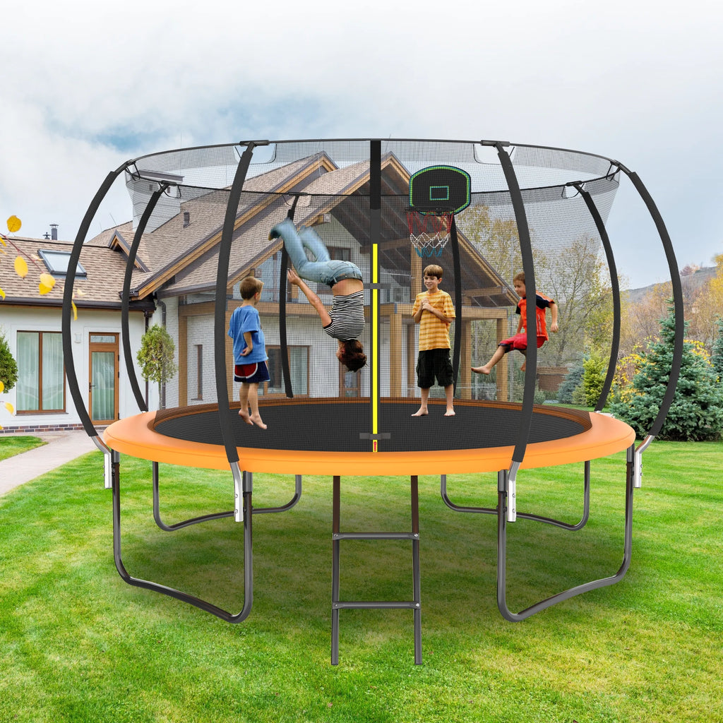 12FT Trampoline with Basketball Hoop and Safety Enclosure Net U610