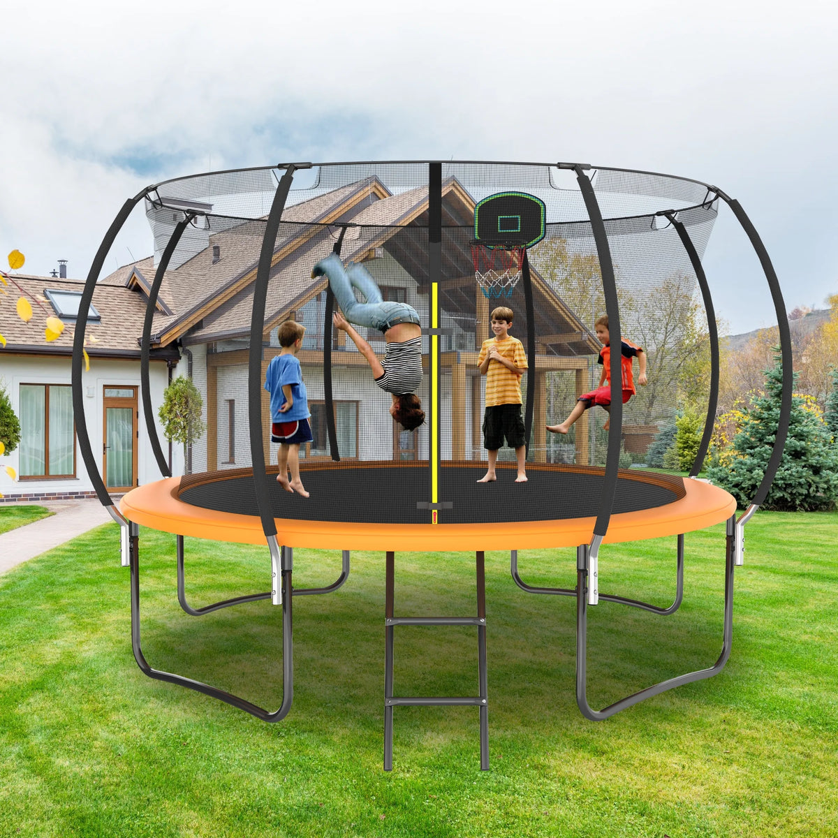 12FT Trampoline with Basketball Hoop and Safety Enclosure Net U610