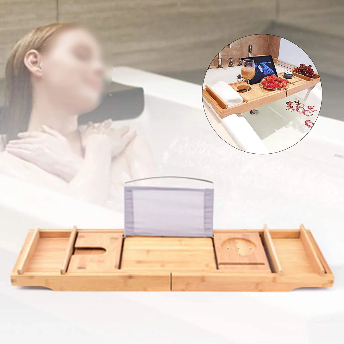 Bamboo Expandable Bathtub Caddy Tray with Wine Glass Holder Z3738