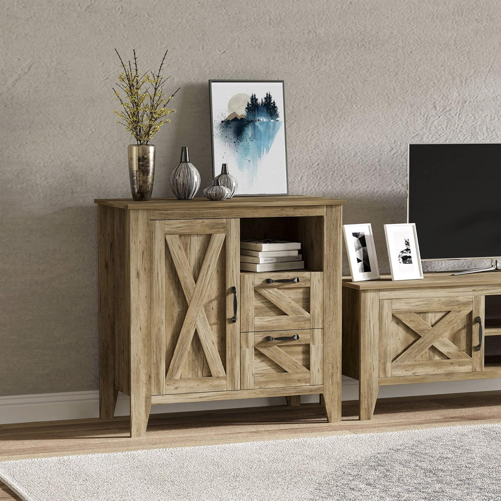 Oak Finish Sideboard with Cabinet, 2 Drawers and Open Shelf F7036