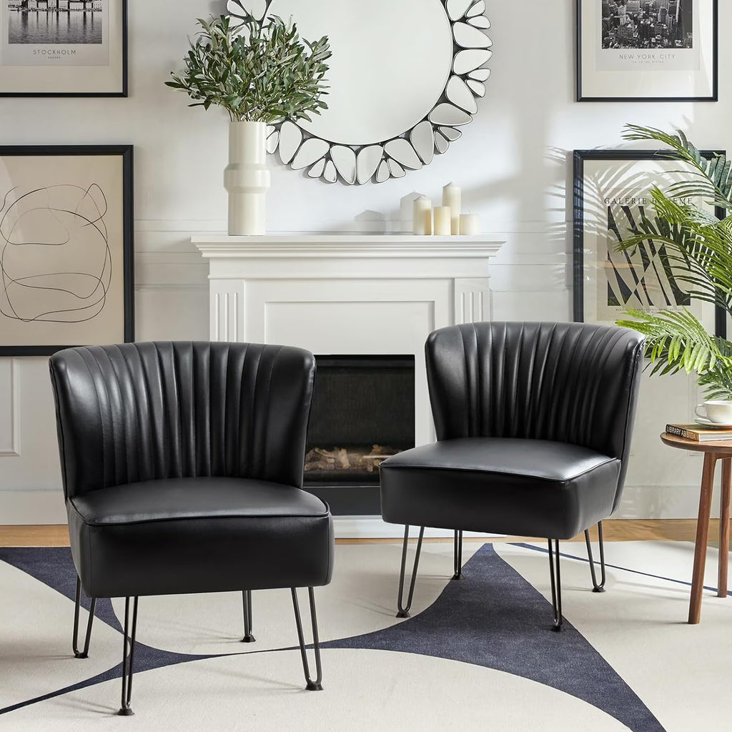 Faux Leather Accent Chairs Set Of 2 With Metal Base, Black H7545