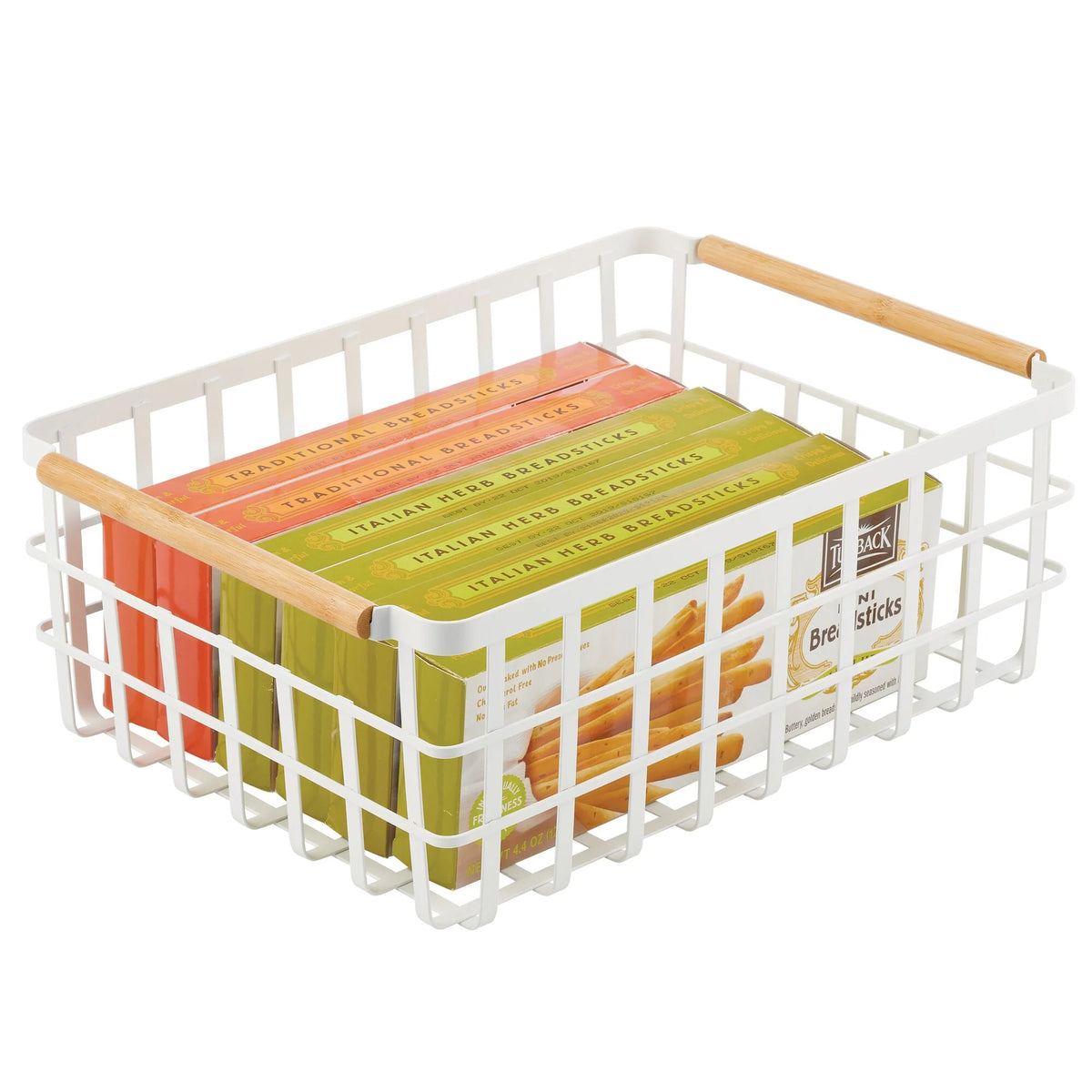 Matte White/Natural Metal Wire Organizer Basket with Bamboo Handles, 2 Pack Q58943