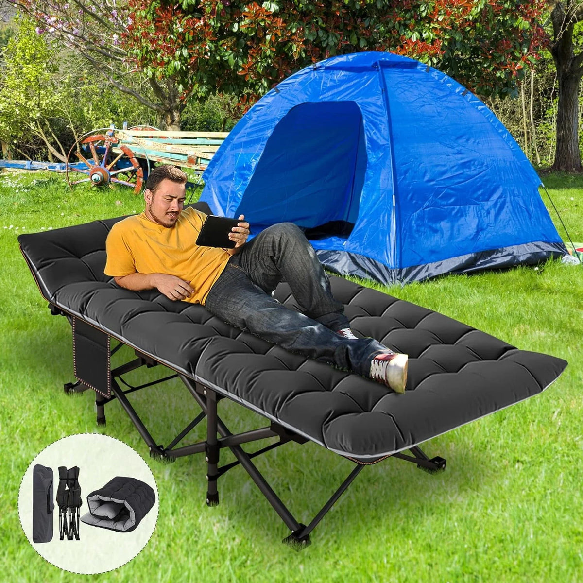 Oversized XXL Folding Camping Cot with Cushion & Carry Bag D591717
