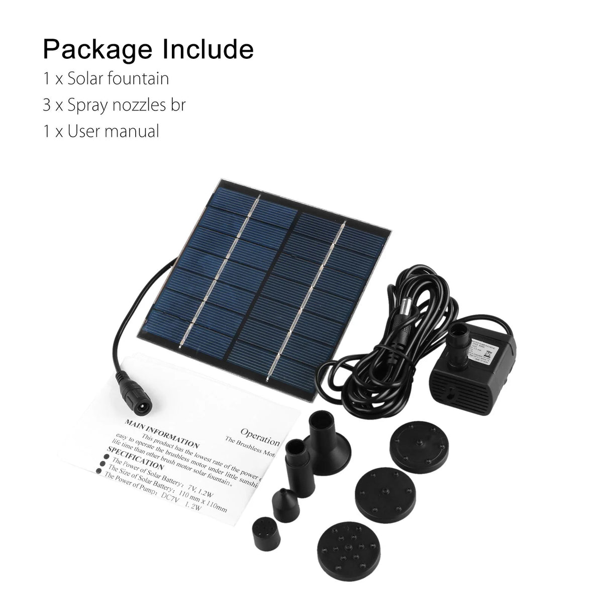1.2W Solar Fountain Submersible Water Pump with 4 Types Sprinkler Heads L598