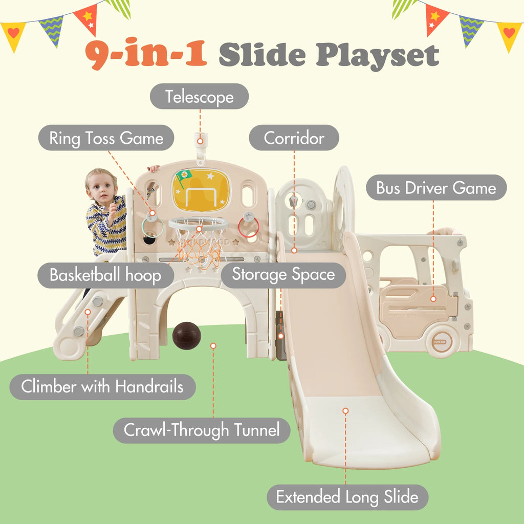 9 in 1 Kids Slide Playset with Basketball Hoop I542759