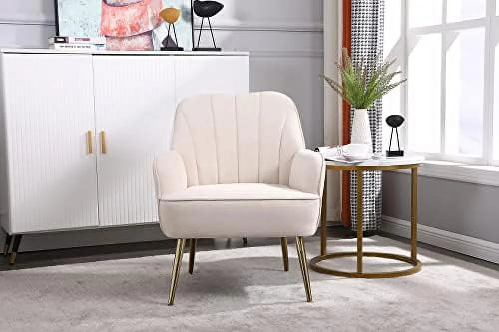 Beige Velvet Tufted Accent Chair with Golden Legs O382