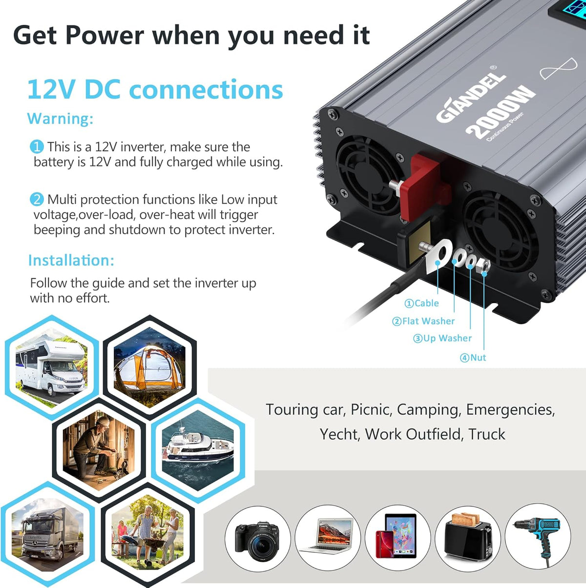 2000W Pure Sine Wave Power Inverter DC 12V to AC 120V with LCD Display Remote Controller Dual 2.4A USB Ports C2566