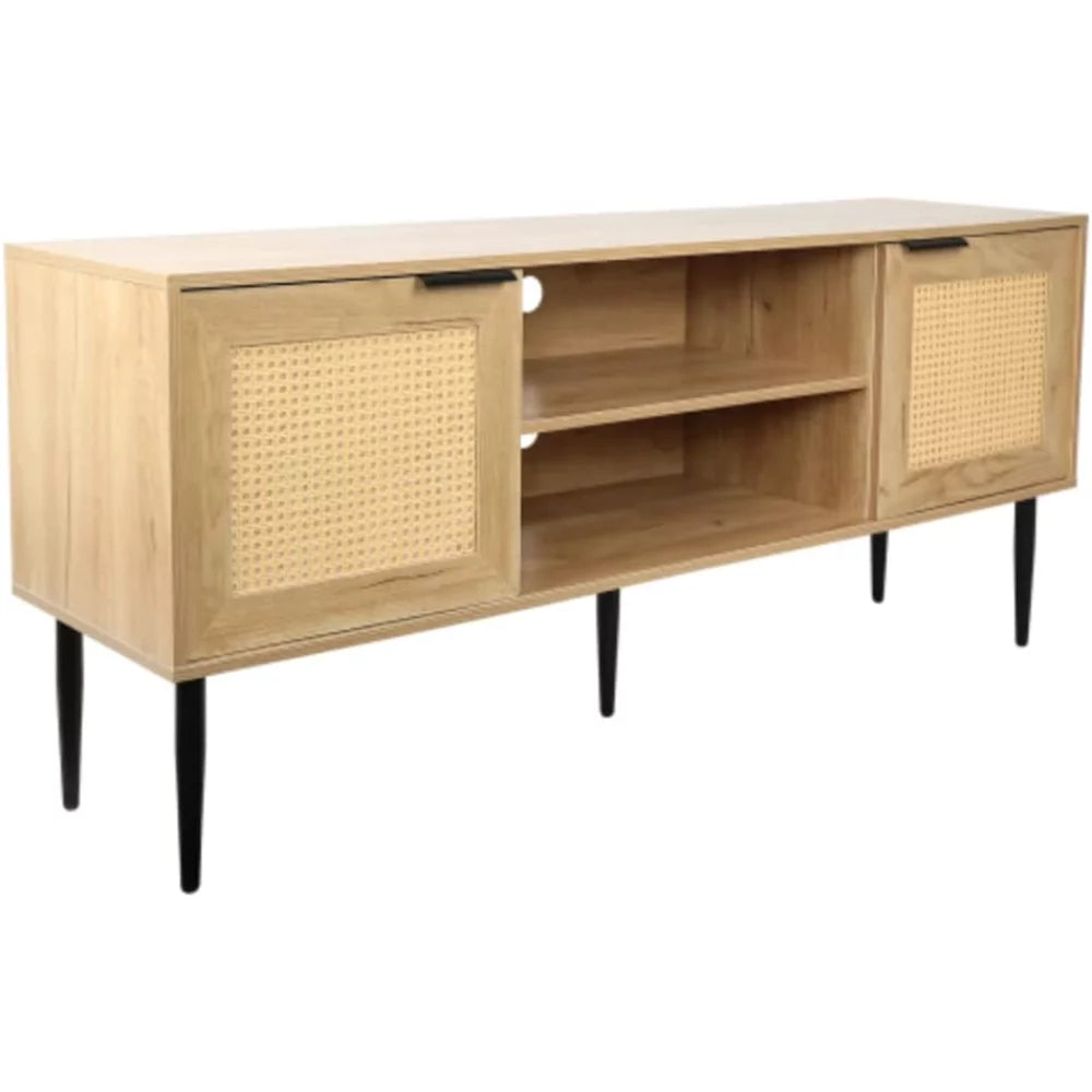 Wooden TV Stand with 2 Wicker Doors and 2 Open Shelves H305860