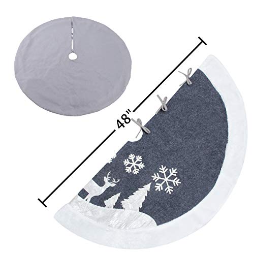 White Fur Christmas Tree Skirt with Deer and Snowflake Pattern 36 inches T798