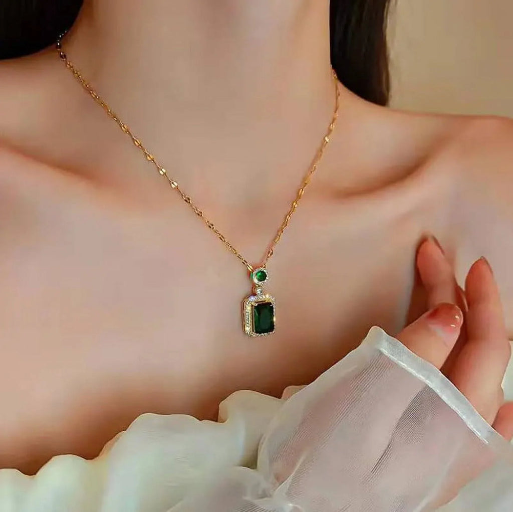 3Pcs/Set Iced Out Cubic Zirconia Green Gemstone Ring Necklace Earrings Gold Plated Jewelry Sets D23599