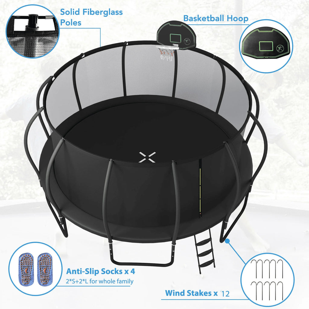 12FT-16FT Trampoline with Enclosure, Basketball Hoop, Wind Stakes I966