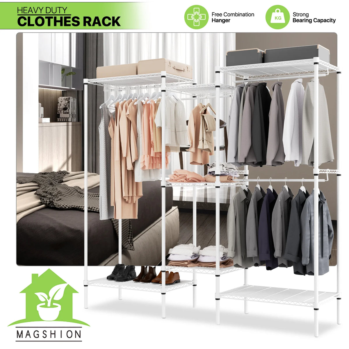 White Adjustable Carbon Steel Freestanding Garment Rack with 4 Hanger Rods O82145