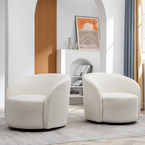 Cream Boucle Swivel Barrel Chair with Round Ottoman Set J88876