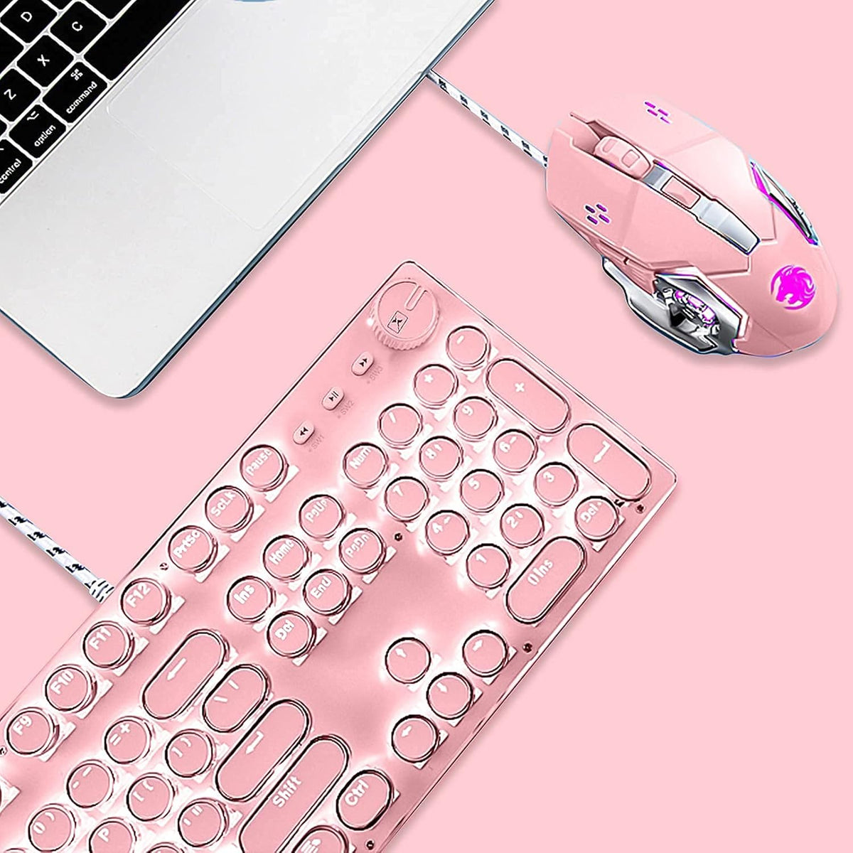 Pink Retro Typewriter-Style Wired Gaming Keyboard and Mouse Combo F757030