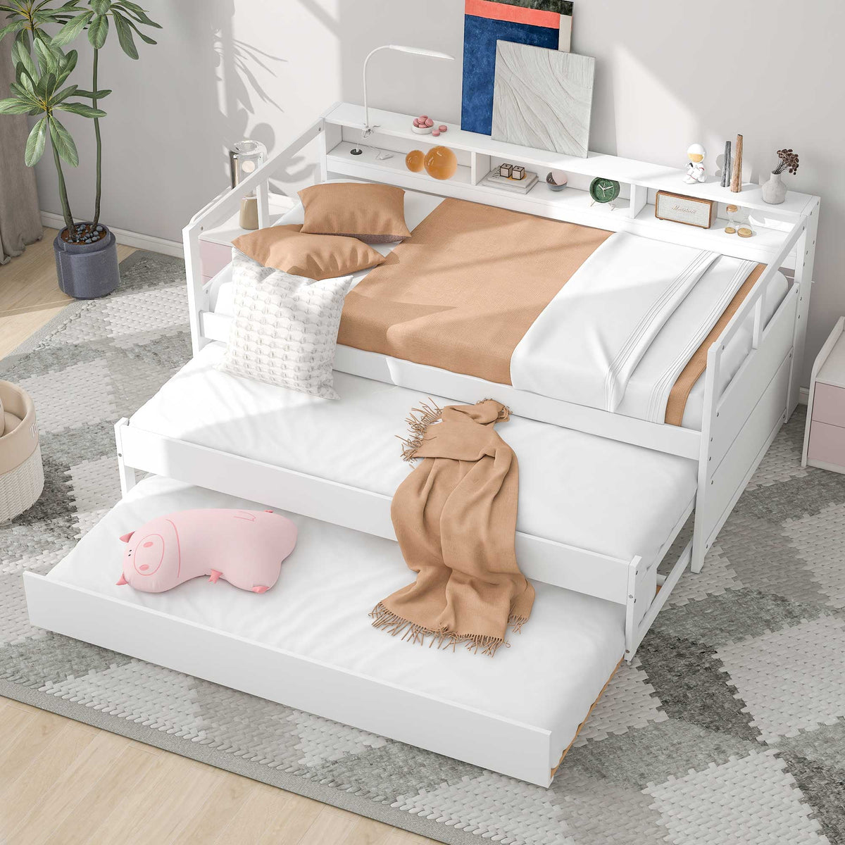 Twin Platform Bed with Storage Shelf and USB Charging X709