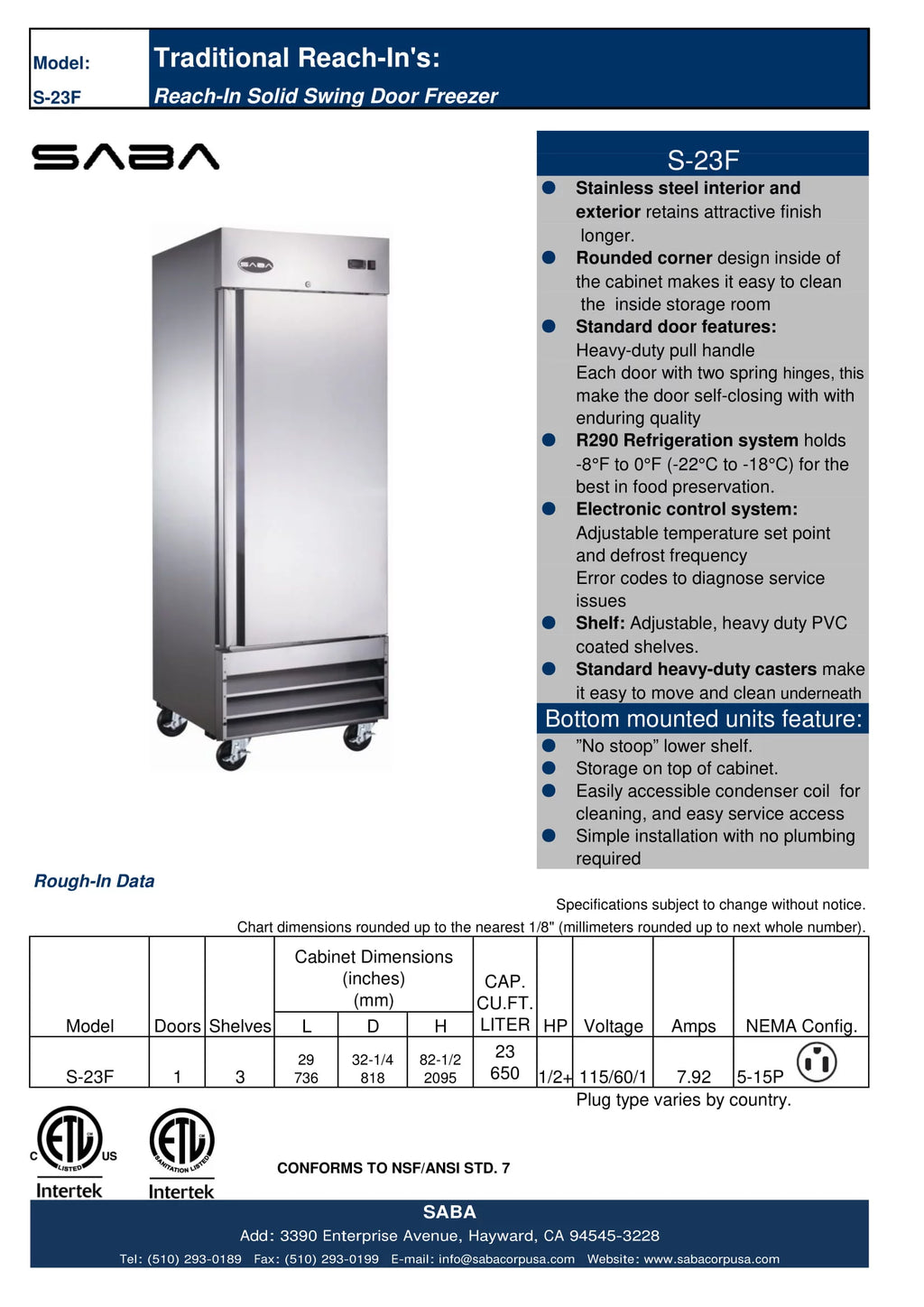 23 cu ft Stainless Steel Upright Reach-in Freezer F483