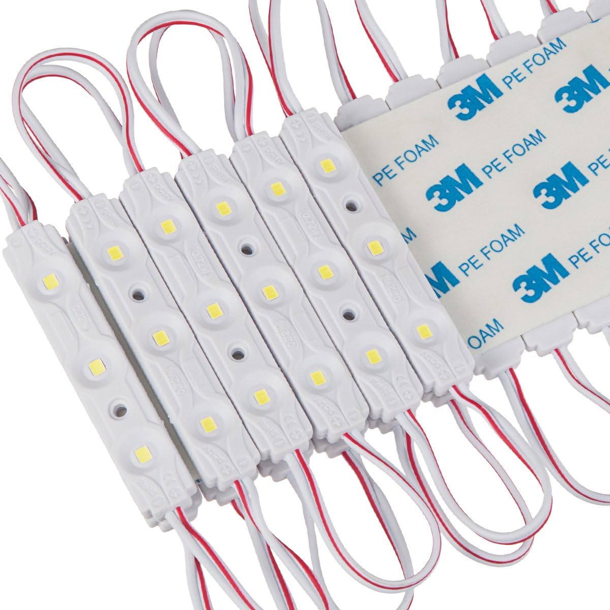 200pcs Daylight White 6500K 0.72W 12 Volt DC LED Module 2835 SMD 3 LEDs Waterproof with Tape Adhesive Backside Pack of 2 X593662