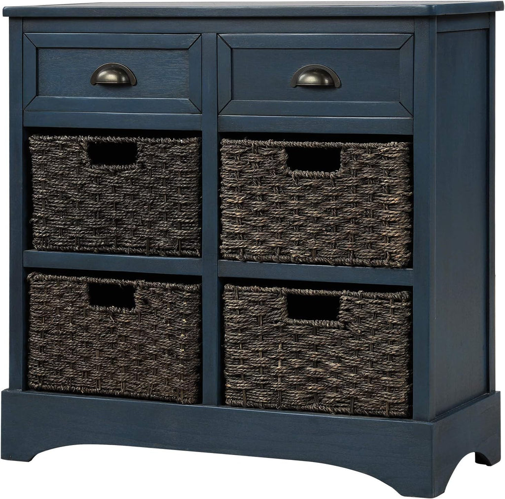 Solid Wood Wicker Storage Cabinet with 4-Basket Chest and 2 Drawers G171489