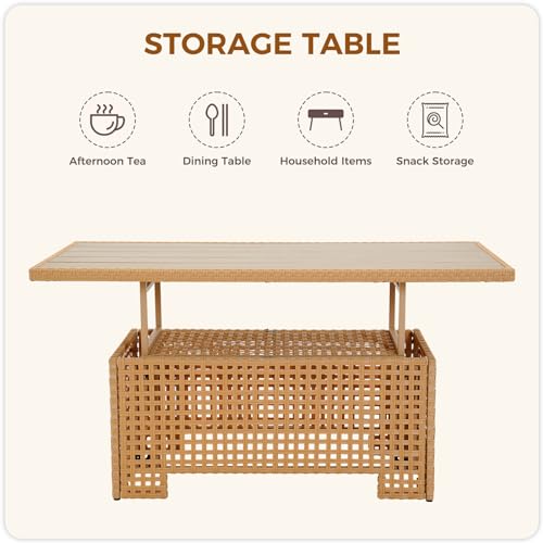 Beige Wicker Rattan Adjustable Lift Top Coffee Dining Table D424