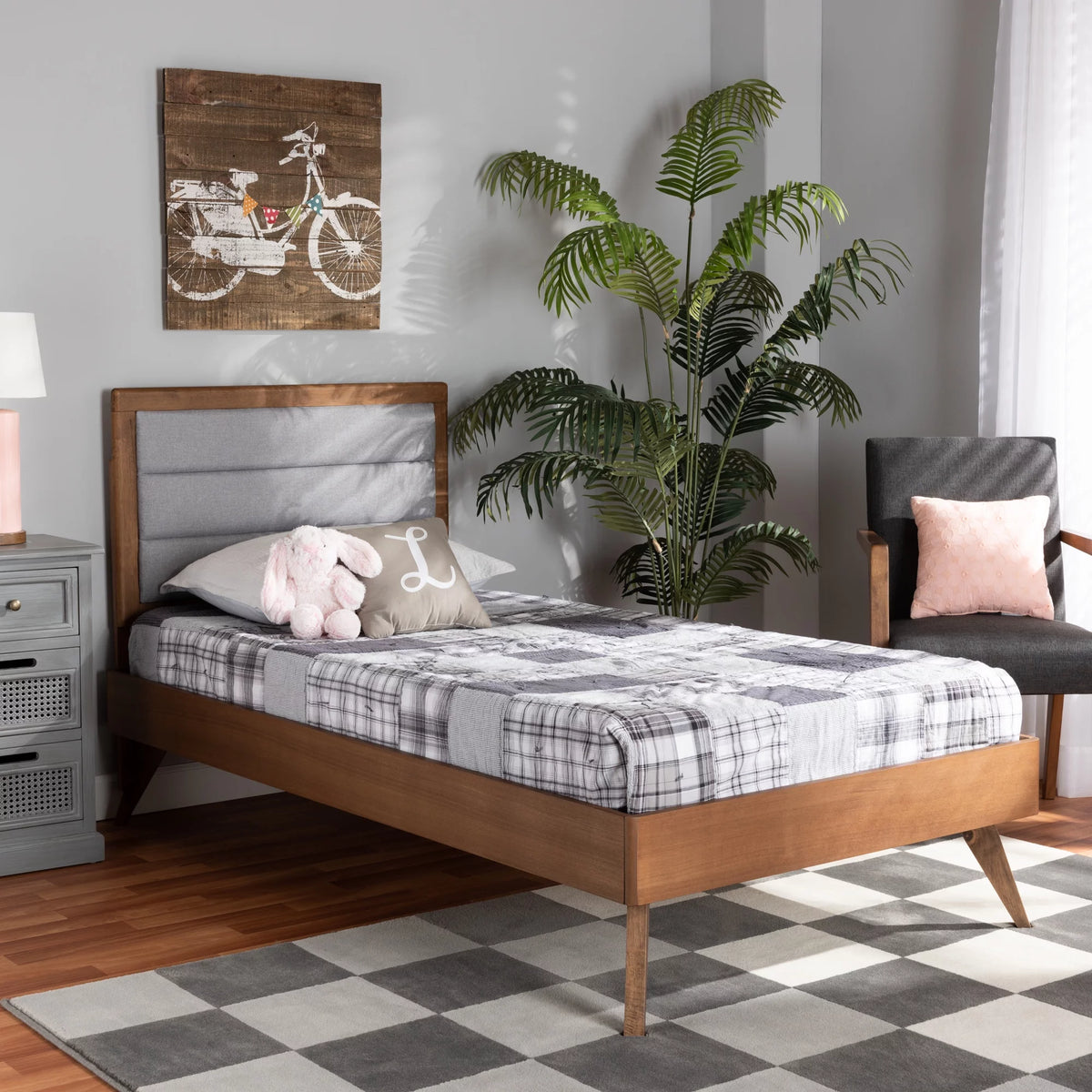 Light Grey Fabric Upholstered Twin Size Platform Bed R307339