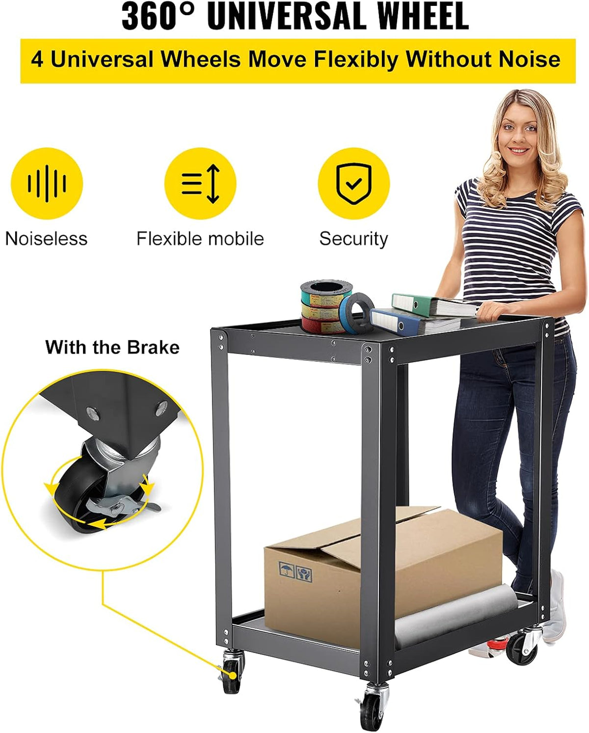 AV Cart with Power Strip, 2 Shelves, 4 Rolling Casters and 2 Locking Brakes O775
