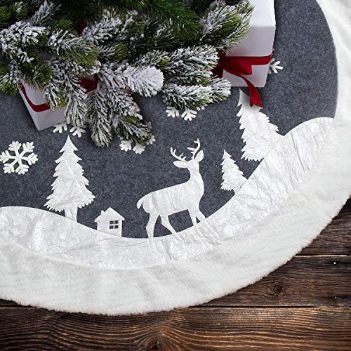 White Fur Christmas Tree Skirt with Deer and Snowflake Pattern 36 inches T798