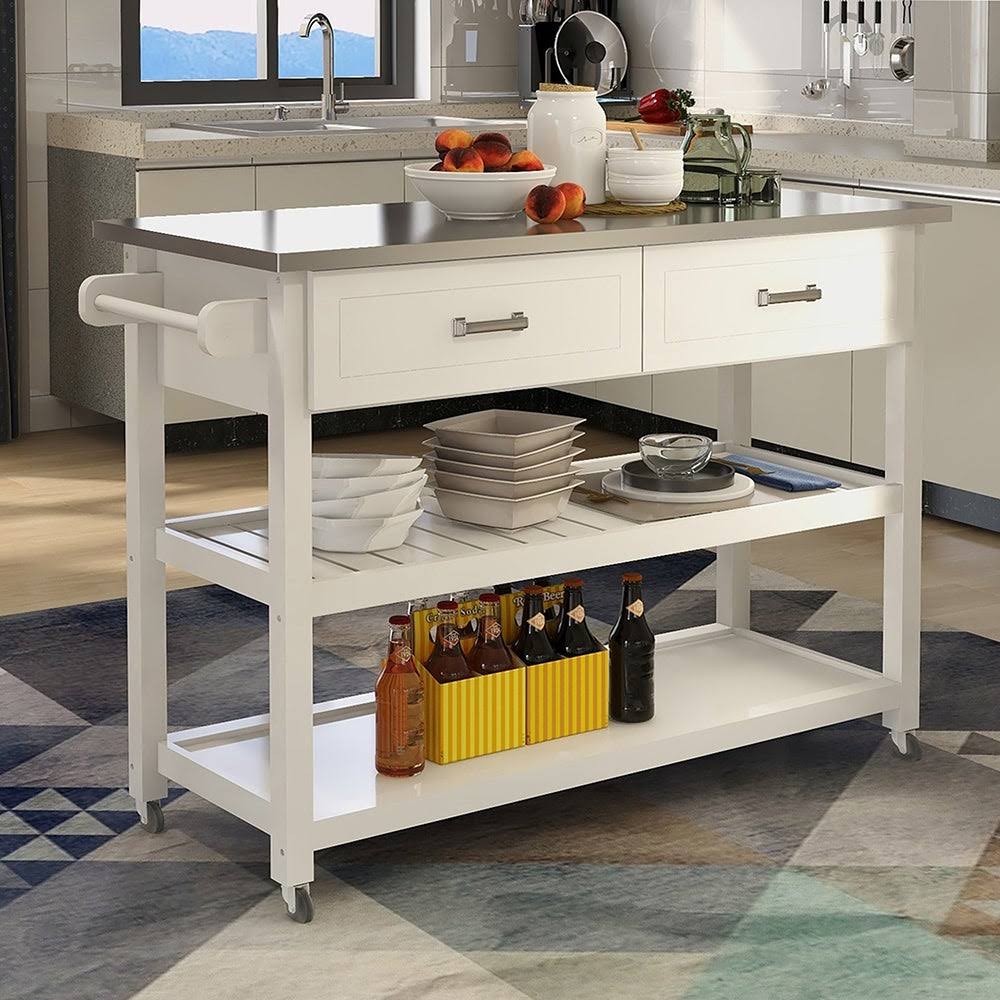 White Stainless Steel Kitchen Cart with Two Drawers I256363