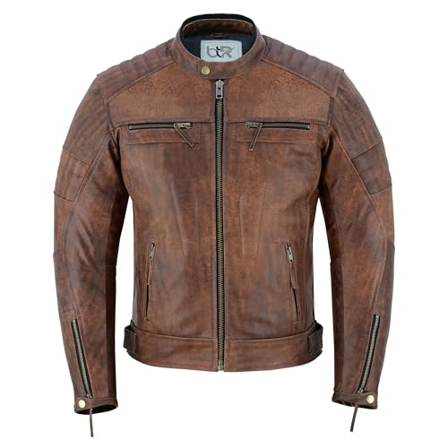 Men's Distress Zip Up Leather Motorbike Jacket D12569