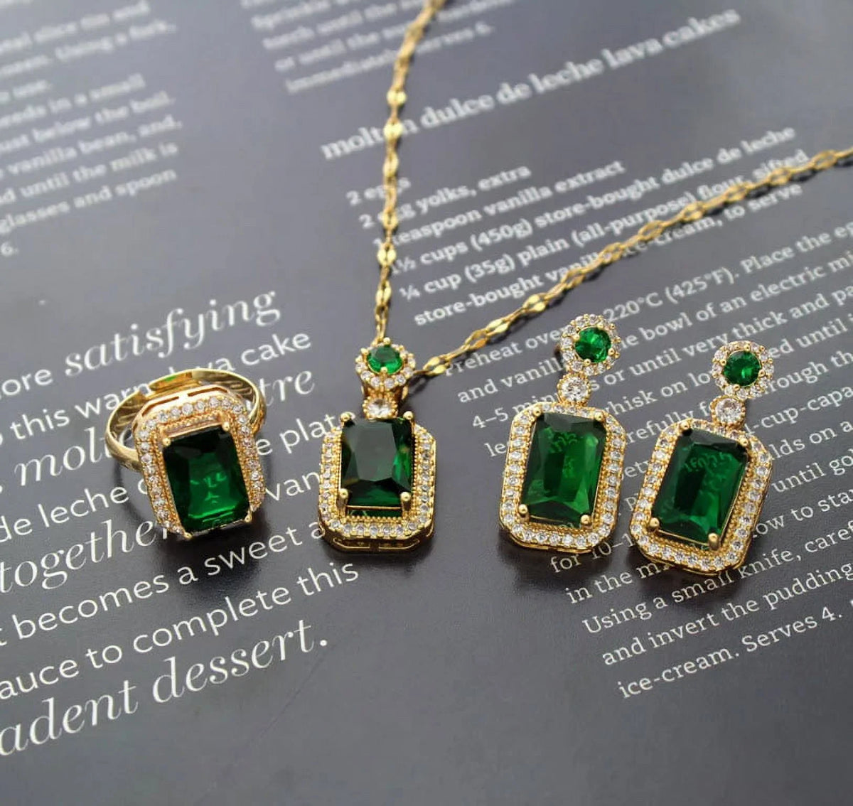 3Pcs/Set Iced Out Cubic Zirconia Green Gemstone Ring Necklace Earrings Gold Plated Jewelry Sets D23599