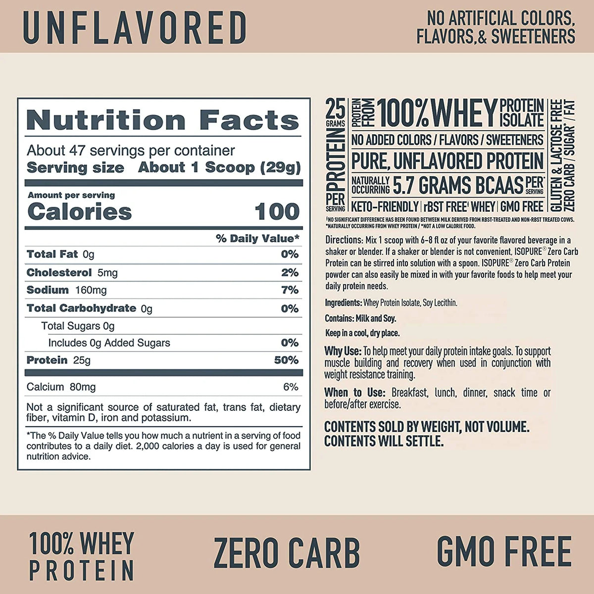 Unflavored Whey Protein Isolate Powder, 3 lb, 47 Servings D21734