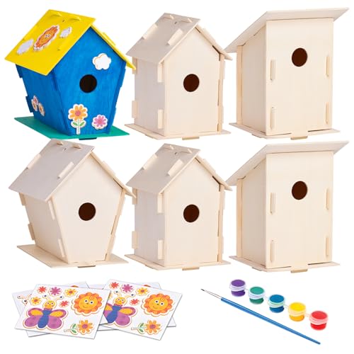 12 Wooden Bird House Kits with Paint Strips, Brushes, Stickers and Strings S57872