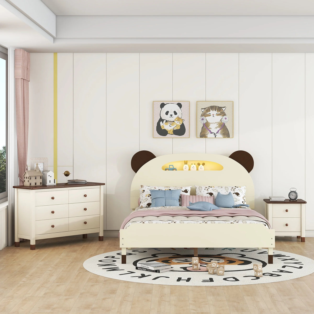Full Size Bear-Shape Platform Bed with Nightstand and Storage Dresser E22367