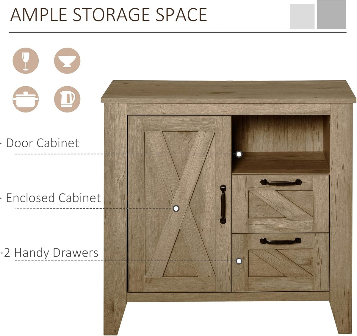 Oak Finish Sideboard with Cabinet, 2 Drawers and Open Shelf F7036