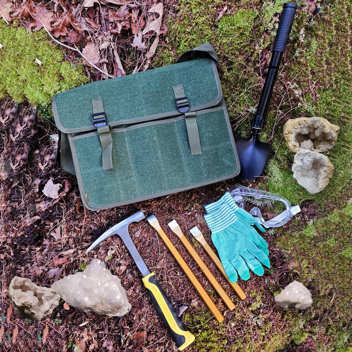 15-Piece Rockhound Mining Kit with Hammer, Chisels, Musette Bag P250349