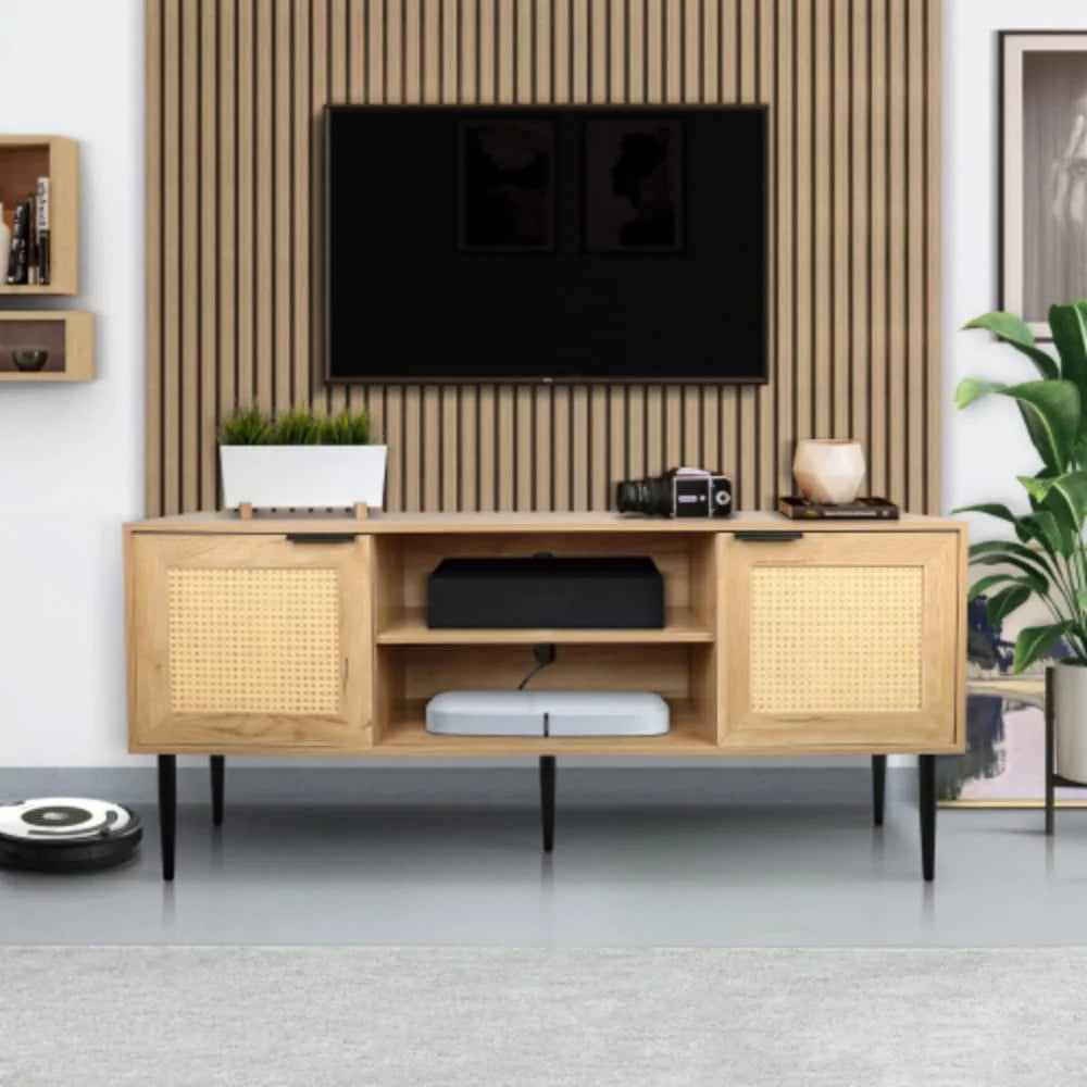 Wooden TV Stand with 2 Wicker Doors and 2 Open Shelves H305860