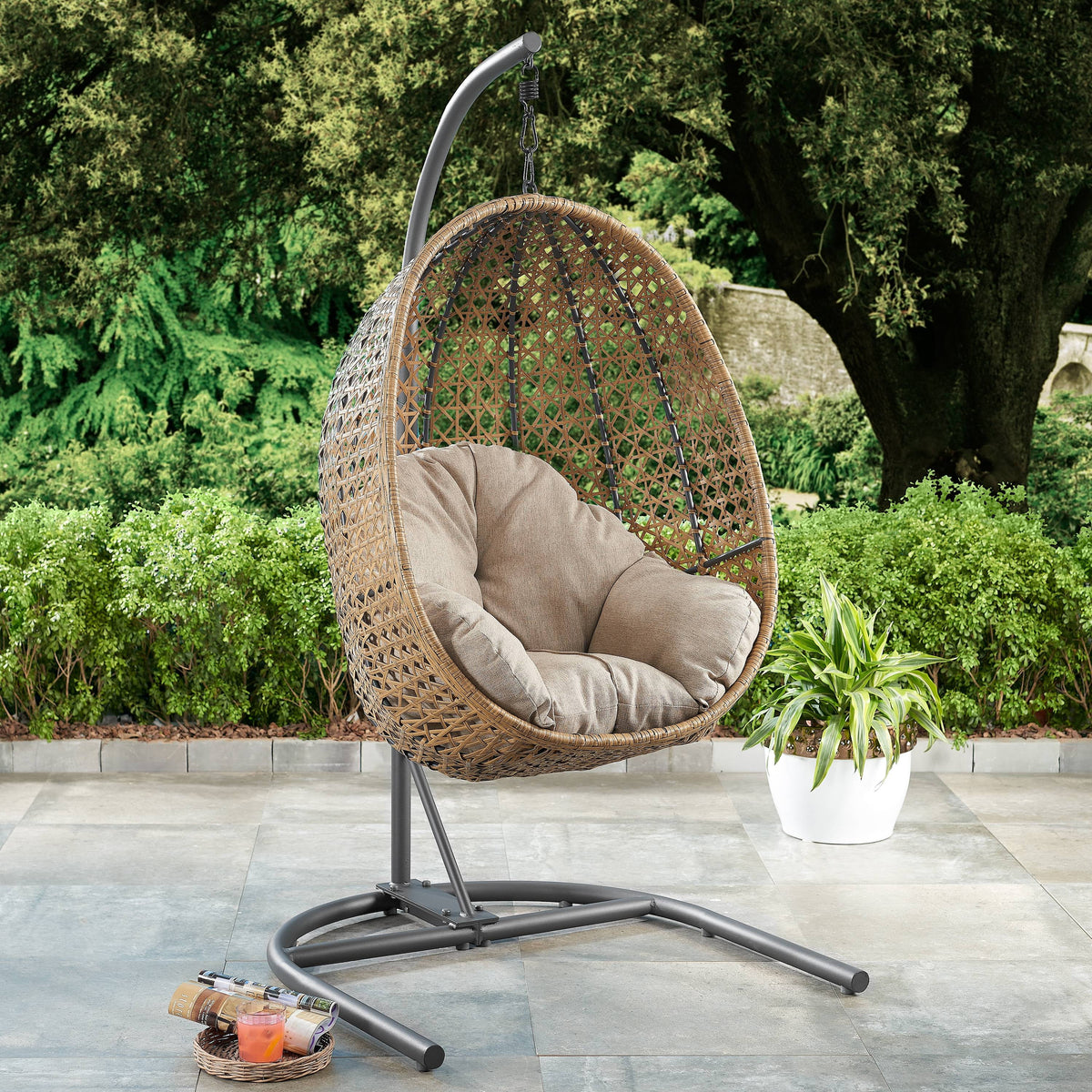 Hanging Egg Chair with Stand Tan Wicker Beige Cushion M349187