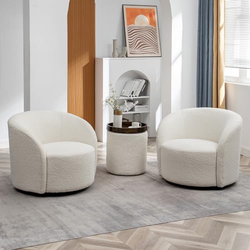 Cream Boucle Swivel Barrel Chair with Round Ottoman Set J88876